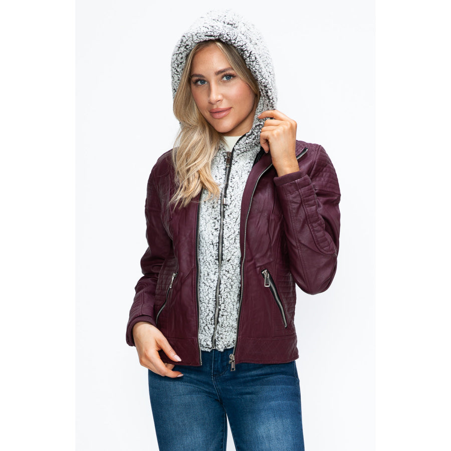 YMI Faux Layered Double-Zipper Jacket with Fuzzy Hood Apparel and Accessories