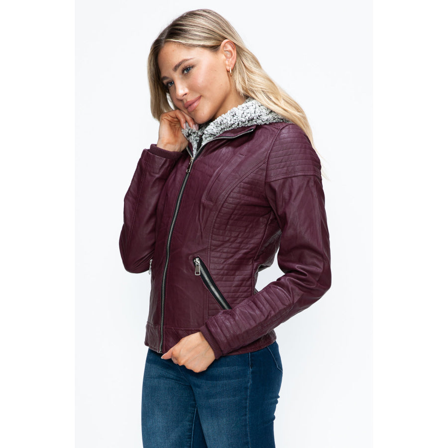 YMI Faux Layered Double-Zipper Jacket with Fuzzy Hood Apparel and Accessories