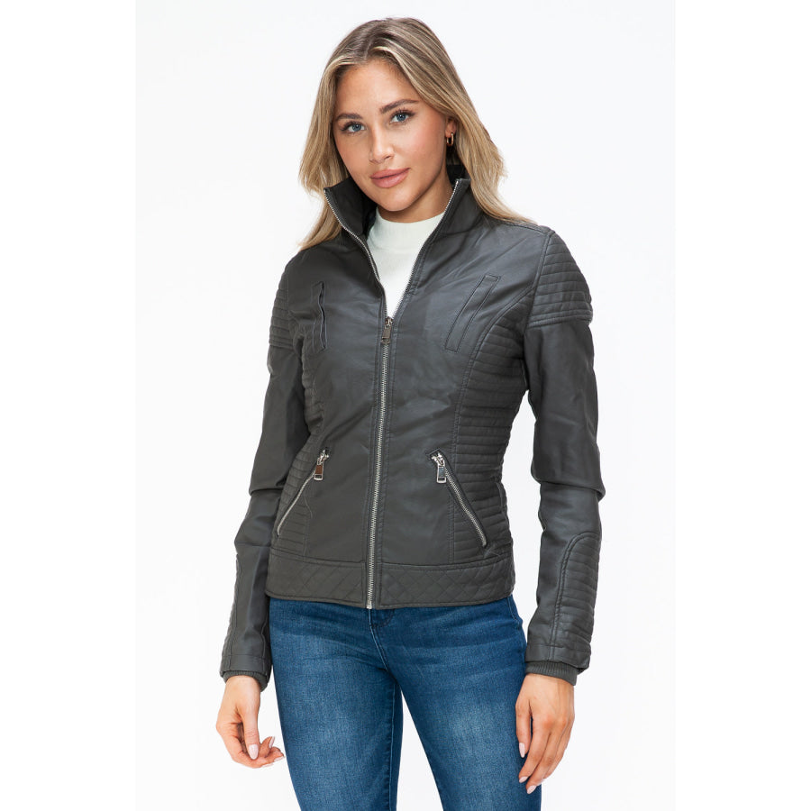 YMI Faux Layered Double-Zipper Jacket with Fuzzy Hood Apparel and Accessories