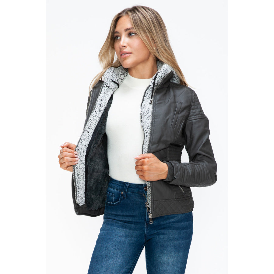 YMI Faux Layered Double-Zipper Jacket with Fuzzy Hood Apparel and Accessories