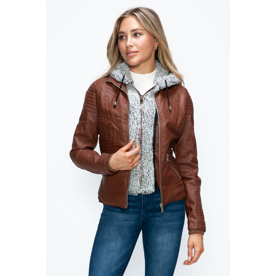 YMI Faux Layered Double-Zipper Jacket with Fuzzy Hood Apparel and Accessories