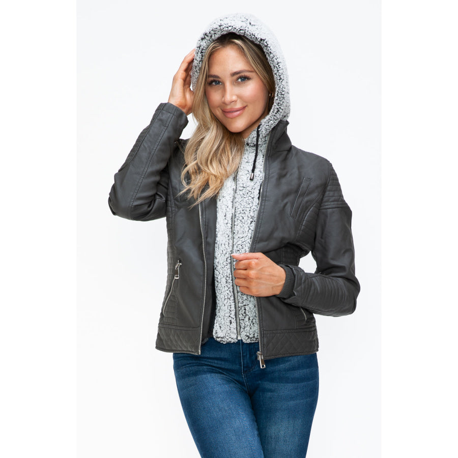 YMI Faux Layered Double-Zipper Jacket with Fuzzy Hood Apparel and Accessories