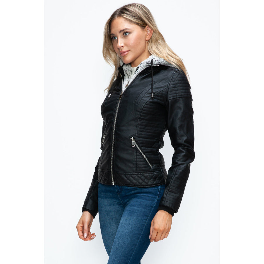 YMI Faux Layered Double-Zipper Jacket with Fuzzy Hood Apparel and Accessories