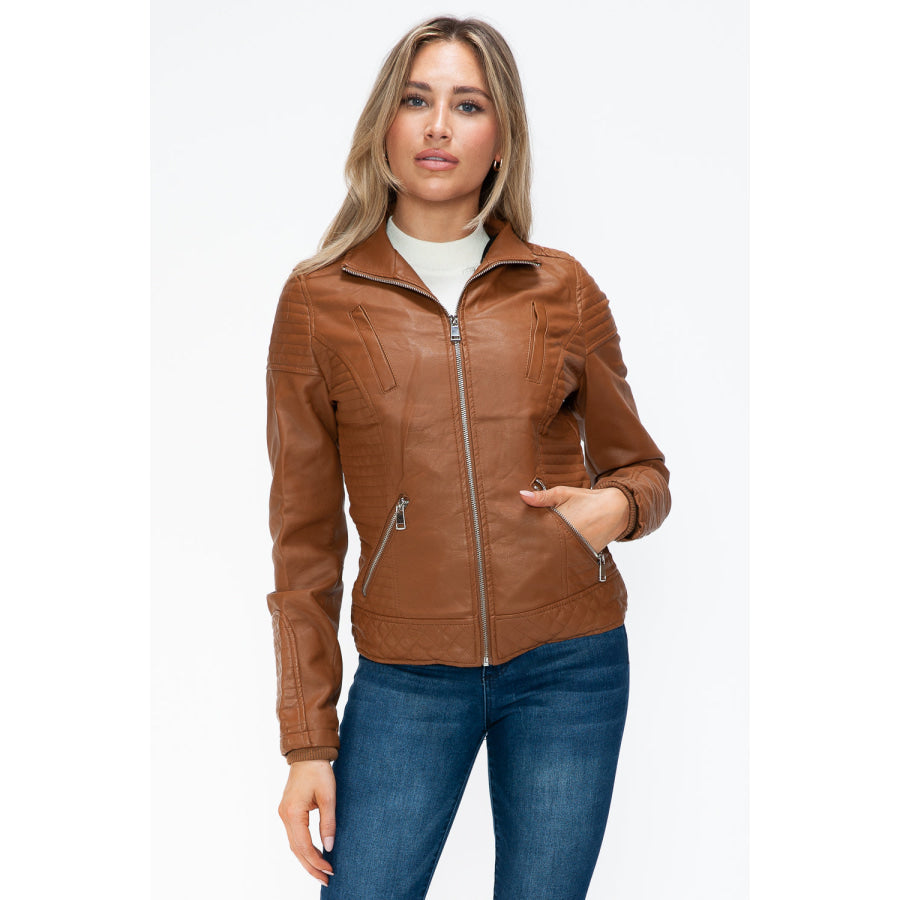 YMI Faux Layered Double-Zipper Jacket with Fuzzy Hood Apparel and Accessories