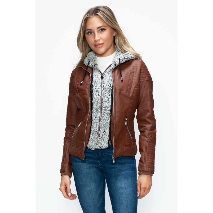 YMI Faux Layered Double-Zipper Jacket with Fuzzy Hood Apparel and Accessories