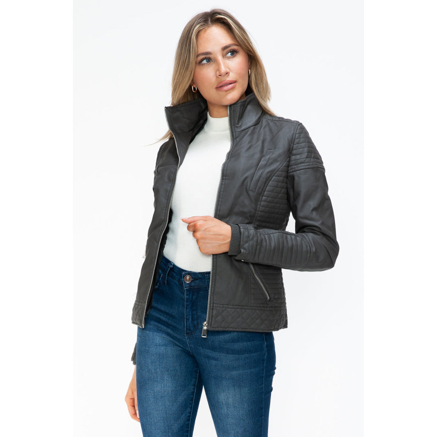 YMI Faux Layered Double-Zipper Jacket with Fuzzy Hood Apparel and Accessories