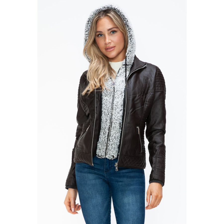 YMI Faux Layered Double-Zipper Jacket with Fuzzy Hood Apparel and Accessories