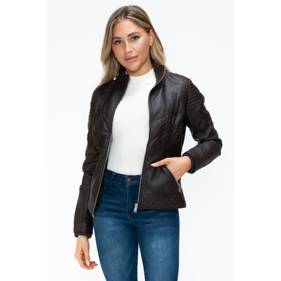 YMI Faux Layered Double-Zipper Jacket with Fuzzy Hood Apparel and Accessories