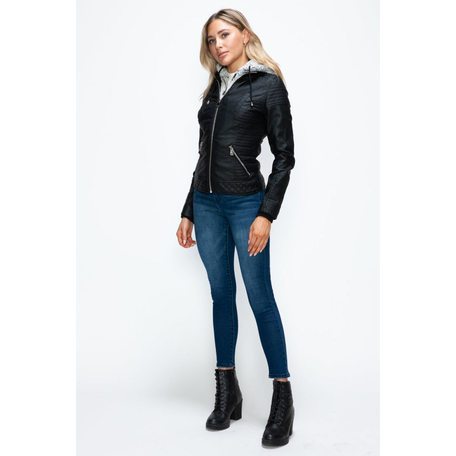 YMI Faux Layered Double-Zipper Jacket with Fuzzy Hood Apparel and Accessories