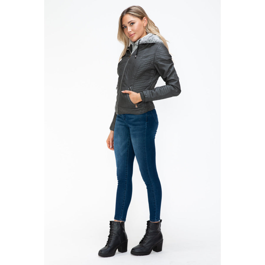 YMI Faux Layered Double-Zipper Jacket with Fuzzy Hood Apparel and Accessories