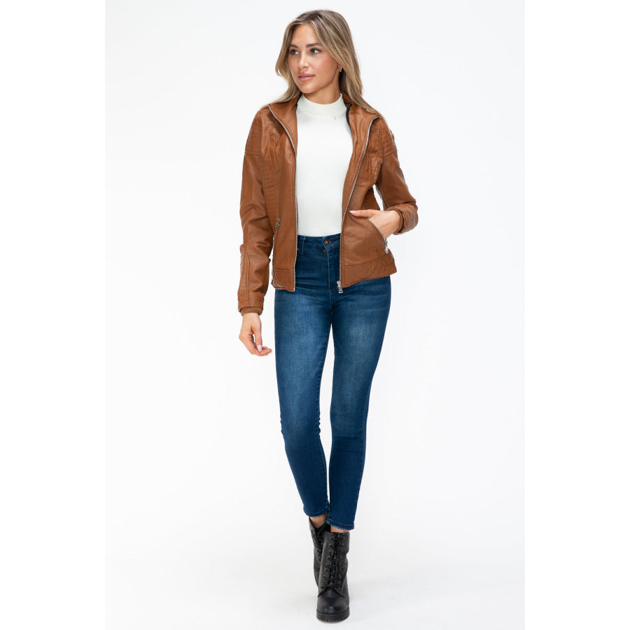 YMI Faux Layered Double-Zipper Jacket with Fuzzy Hood Apparel and Accessories