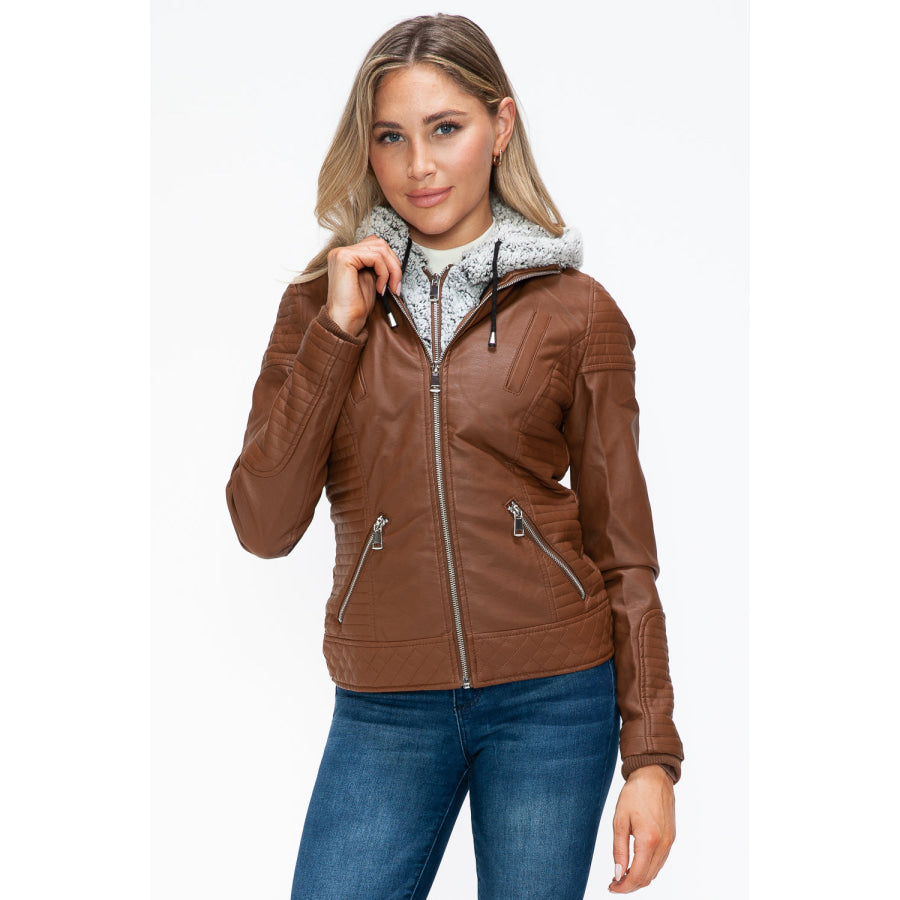 YMI Faux Layered Double-Zipper Jacket with Fuzzy Hood Apparel and Accessories