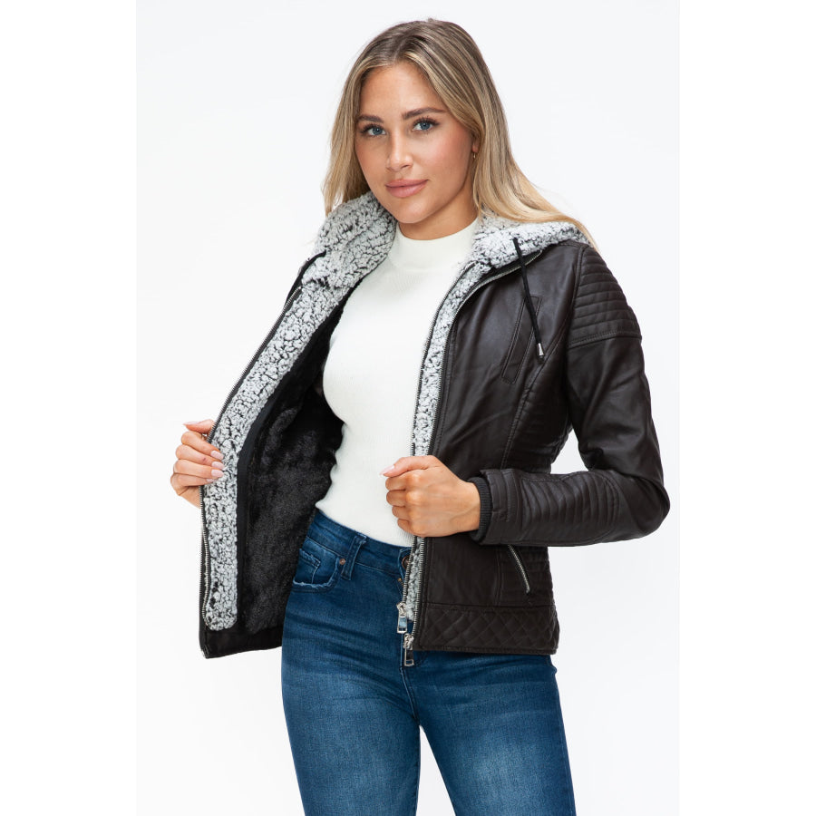 YMI Faux Layered Double-Zipper Jacket with Fuzzy Hood Apparel and Accessories