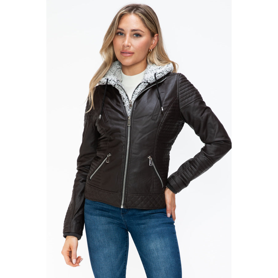 YMI Faux Layered Double-Zipper Jacket with Fuzzy Hood Apparel and Accessories