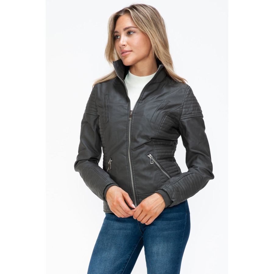 YMI Faux Layered Double-Zipper Jacket with Fuzzy Hood Apparel and Accessories