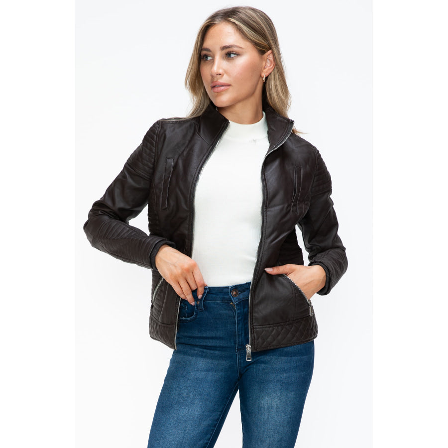 YMI Faux Layered Double-Zipper Jacket with Fuzzy Hood Apparel and Accessories