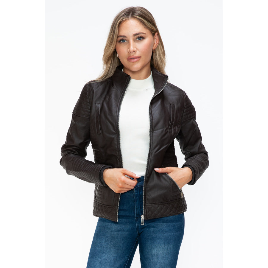 YMI Faux Layered Double-Zipper Jacket with Fuzzy Hood Apparel and Accessories