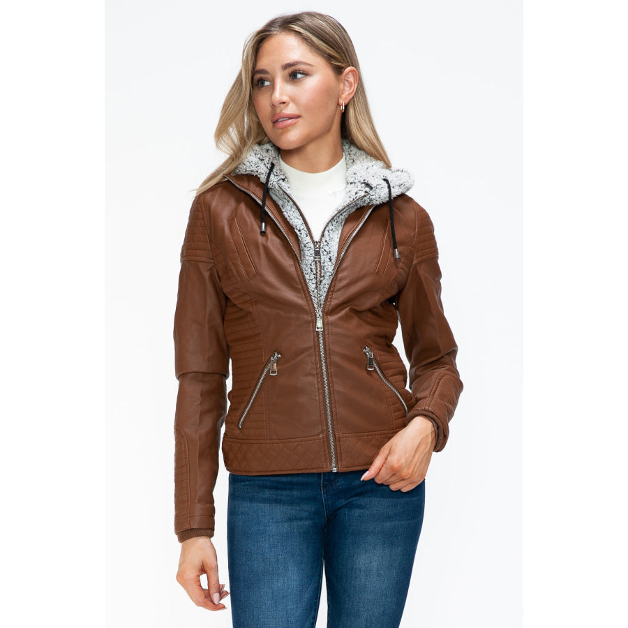 YMI Faux Layered Double-Zipper Jacket with Fuzzy Hood Apparel and Accessories