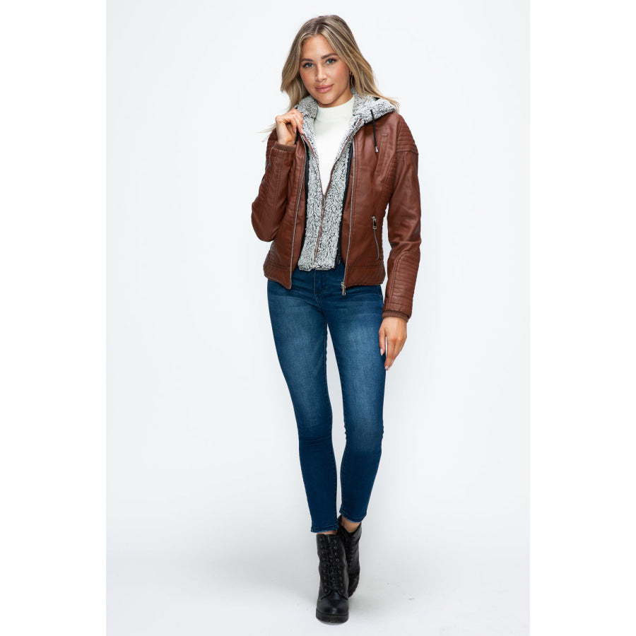 YMI Faux Layered Double-Zipper Jacket with Fuzzy Hood Apparel and Accessories