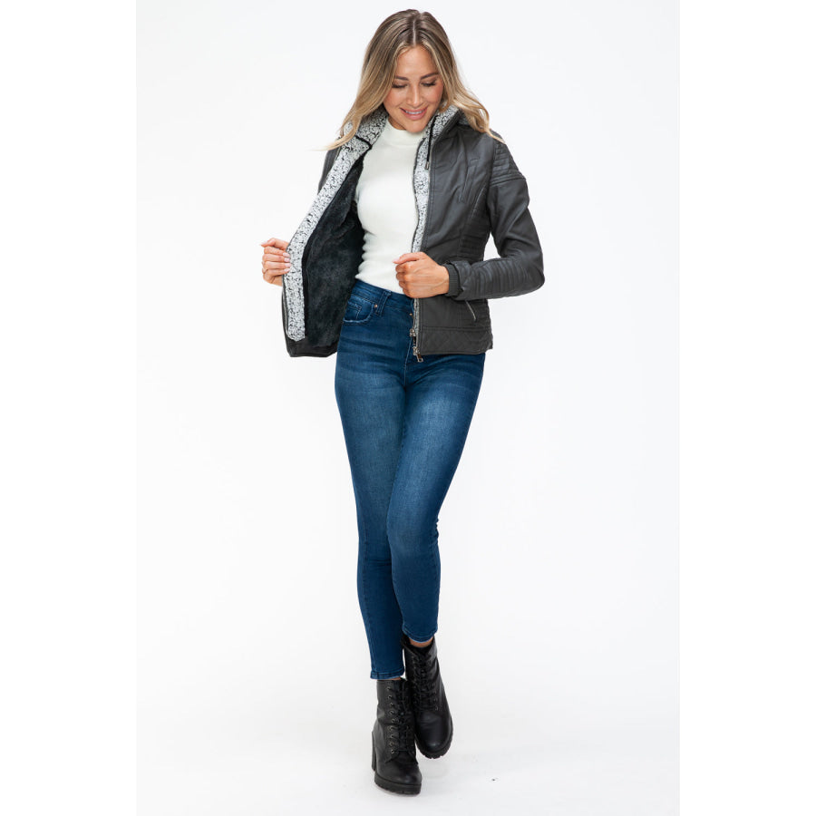 YMI Faux Layered Double-Zipper Jacket with Fuzzy Hood Apparel and Accessories