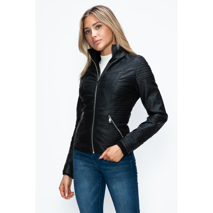 YMI Faux Layered Double-Zipper Jacket with Fuzzy Hood Apparel and Accessories