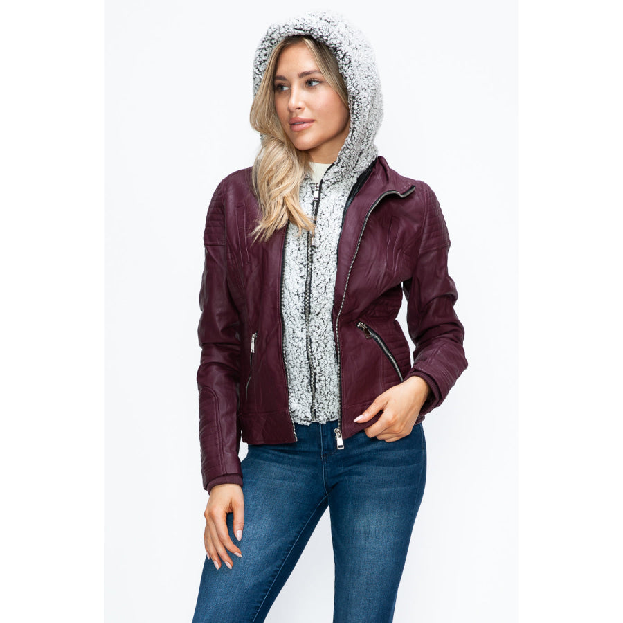 YMI Faux Layered Double-Zipper Jacket with Fuzzy Hood Apparel and Accessories