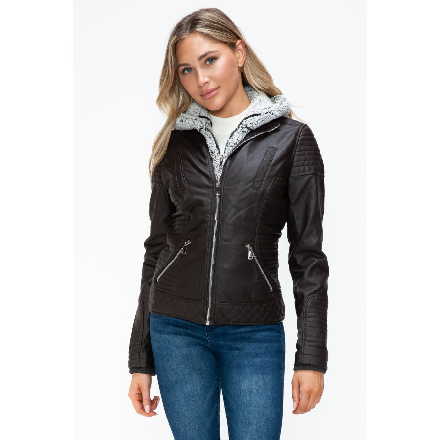 YMI Faux Layered Double-Zipper Jacket with Fuzzy Hood Apparel and Accessories