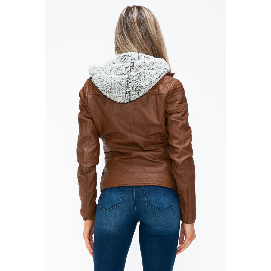 YMI Faux Layered Double-Zipper Jacket with Fuzzy Hood Apparel and Accessories