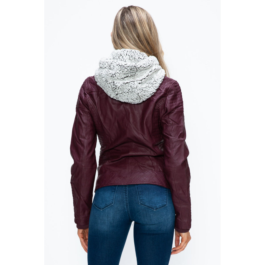 YMI Faux Layered Double-Zipper Jacket with Fuzzy Hood Apparel and Accessories