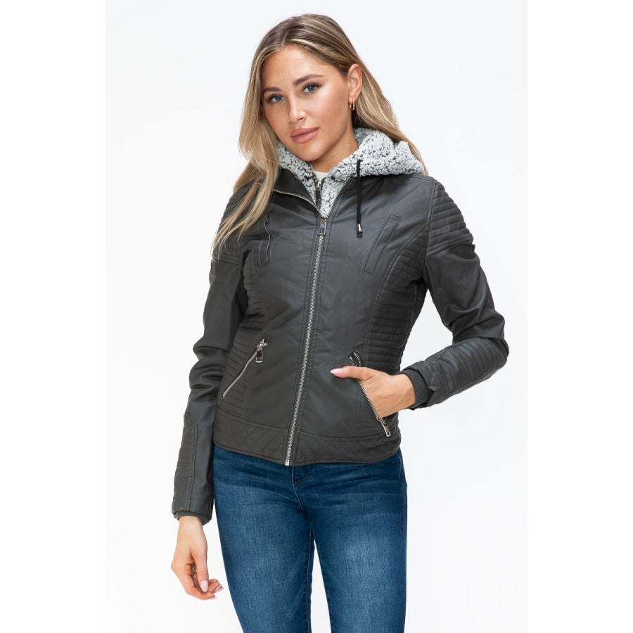 YMI Faux Layered Double-Zipper Jacket with Fuzzy Hood Apparel and Accessories