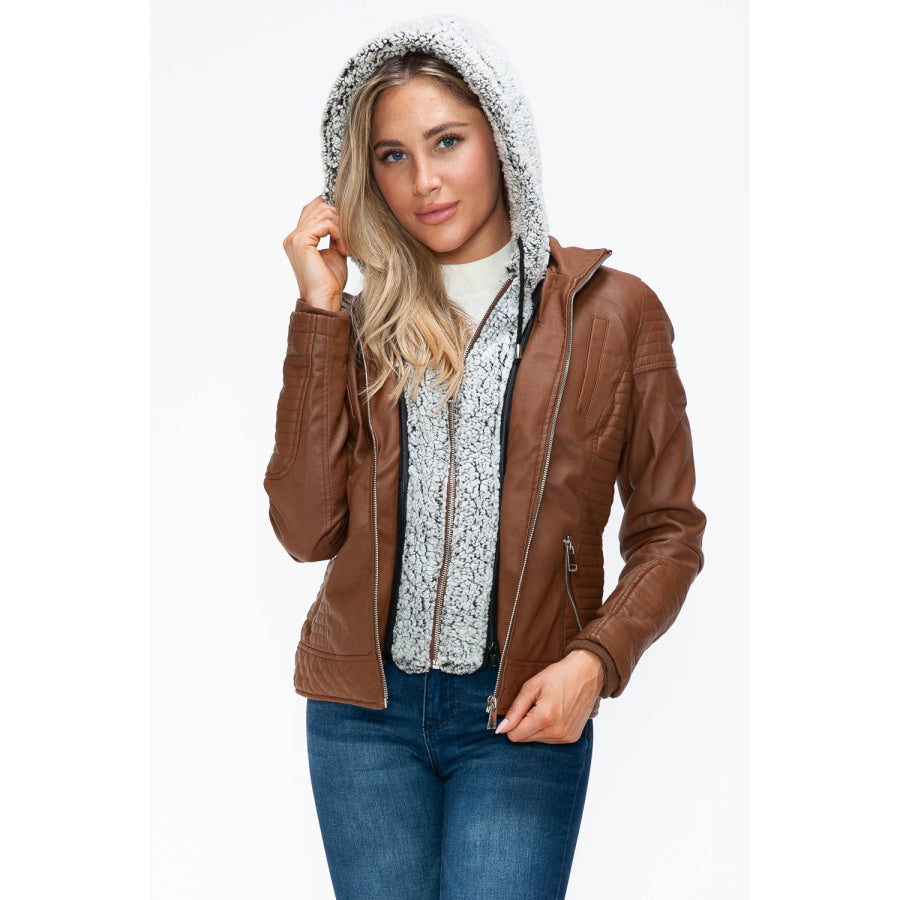 YMI Faux Layered Double-Zipper Jacket with Fuzzy Hood Apparel and Accessories