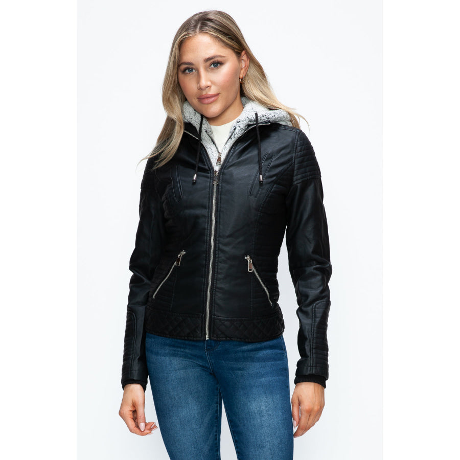 YMI Faux Layered Double-Zipper Jacket with Fuzzy Hood Black / S Apparel and Accessories