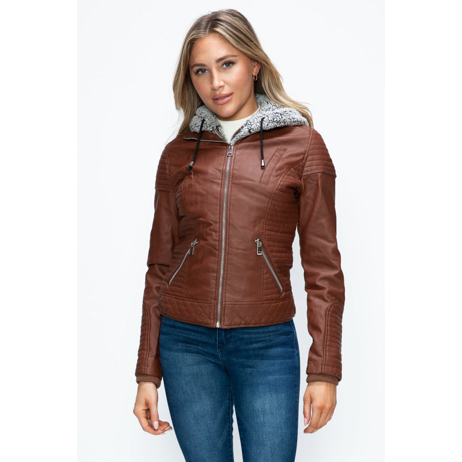 YMI Faux Layered Double-Zipper Jacket with Fuzzy Hood Brandy / S Apparel and Accessories