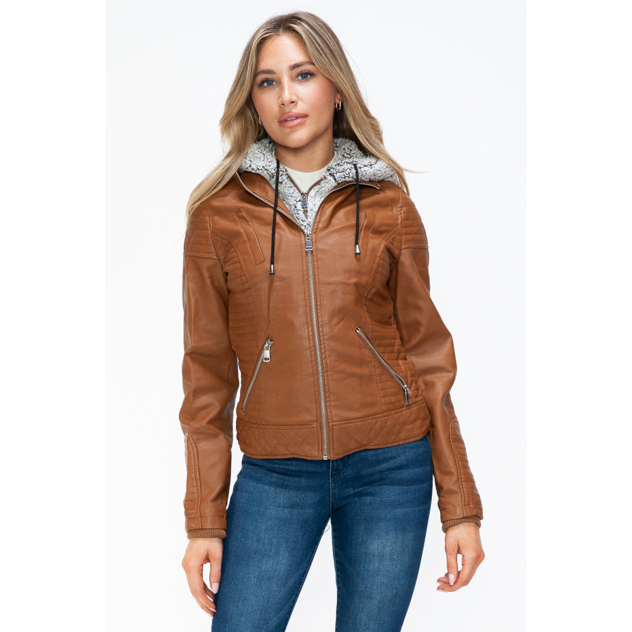 YMI Faux Layered Double-Zipper Jacket with Fuzzy Hood Camel / S Apparel and Accessories