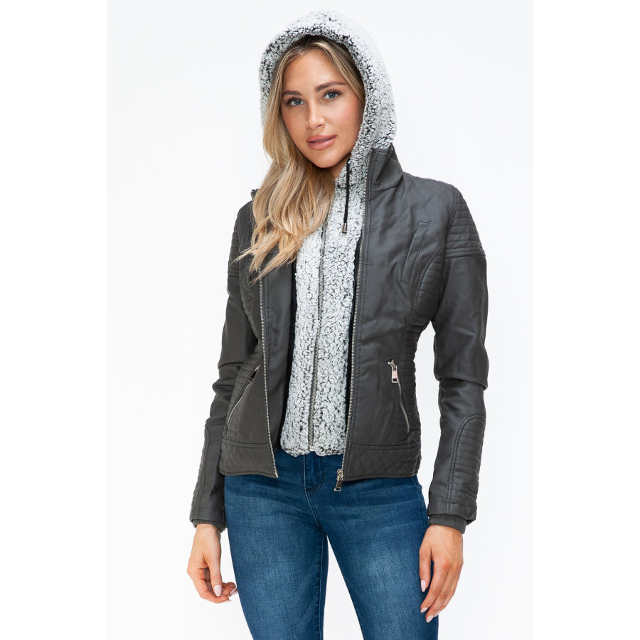 YMI Faux Layered Double-Zipper Jacket with Fuzzy Hood Charcoal / S Apparel and Accessories