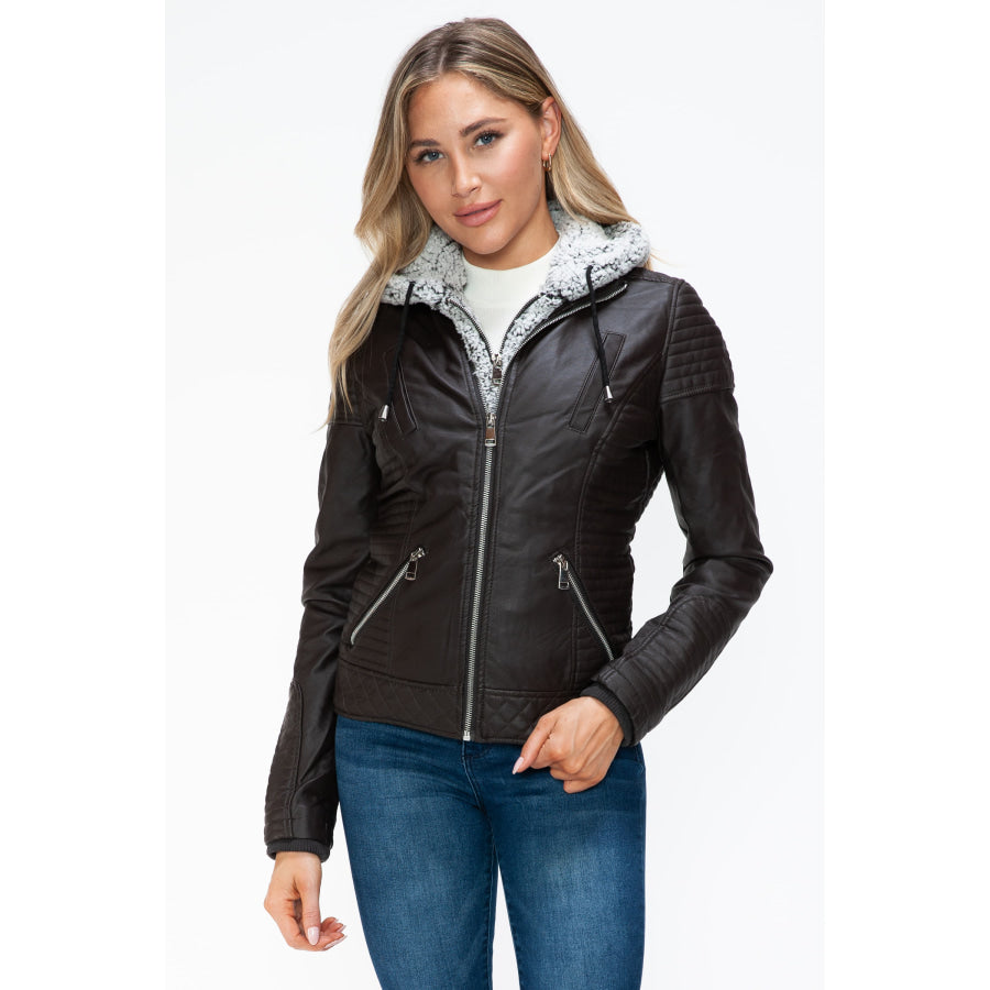 YMI Faux Layered Double-Zipper Jacket with Fuzzy Hood Chocolate / S Apparel and Accessories