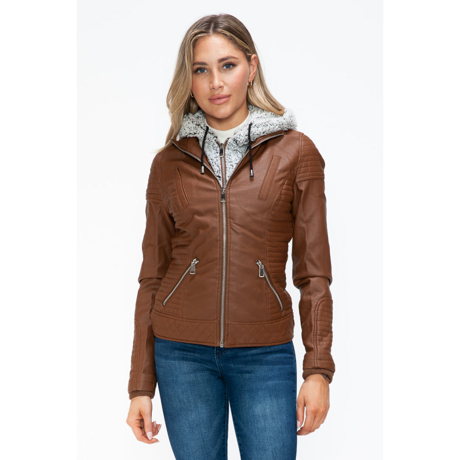 YMI Faux Layered Double-Zipper Jacket with Fuzzy Hood Rust / S Apparel and Accessories