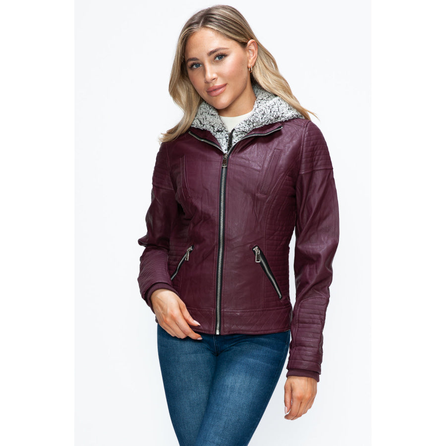 YMI Faux Layered Double-Zipper Jacket with Fuzzy Hood Wine / S Apparel and Accessories