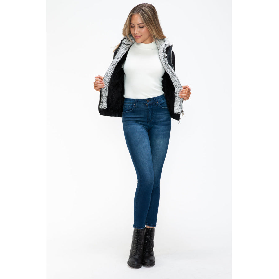 YMI Removable Faux Layered Multi-Pocket Jacket with Fuzzy Hood Apparel and Accessories