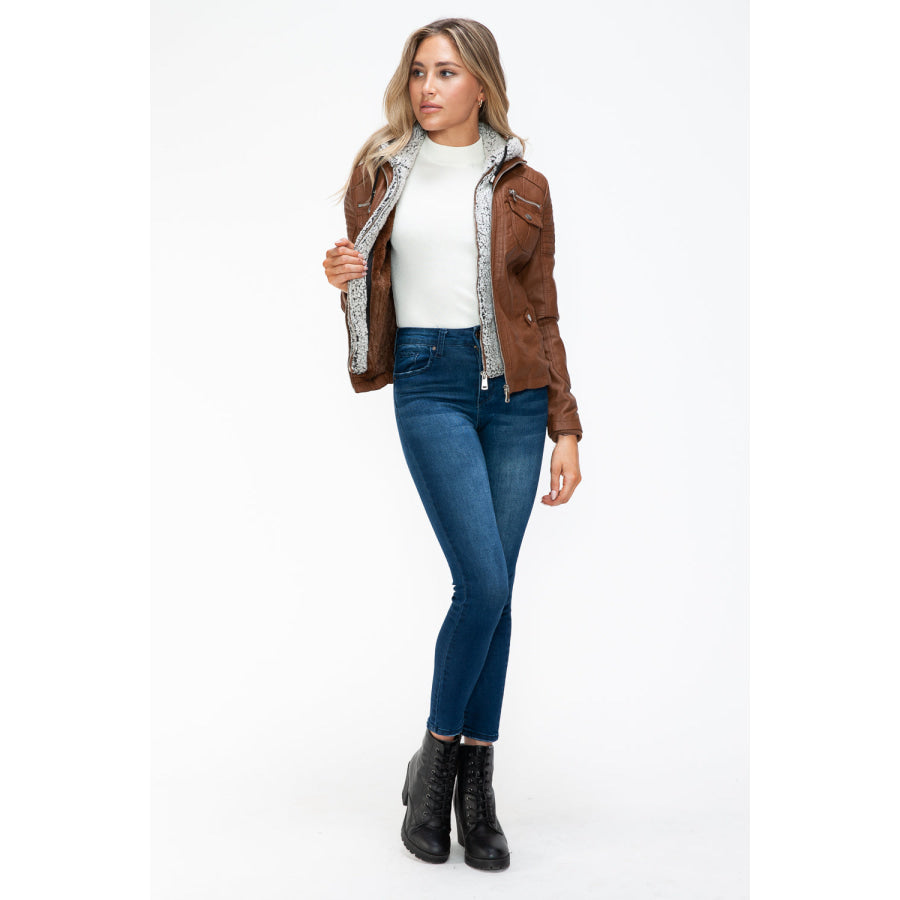 YMI Removable Faux Layered Multi-Pocket Jacket with Fuzzy Hood Apparel and Accessories