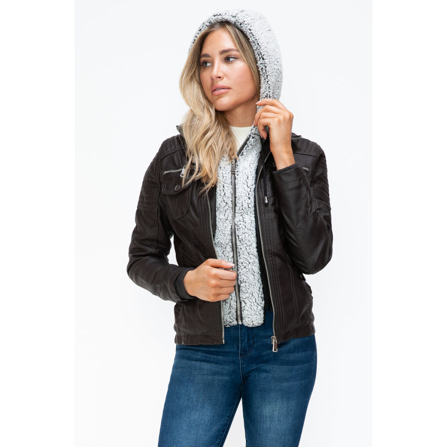 YMI Removable Faux Layered Multi-Pocket Jacket with Fuzzy Hood Apparel and Accessories