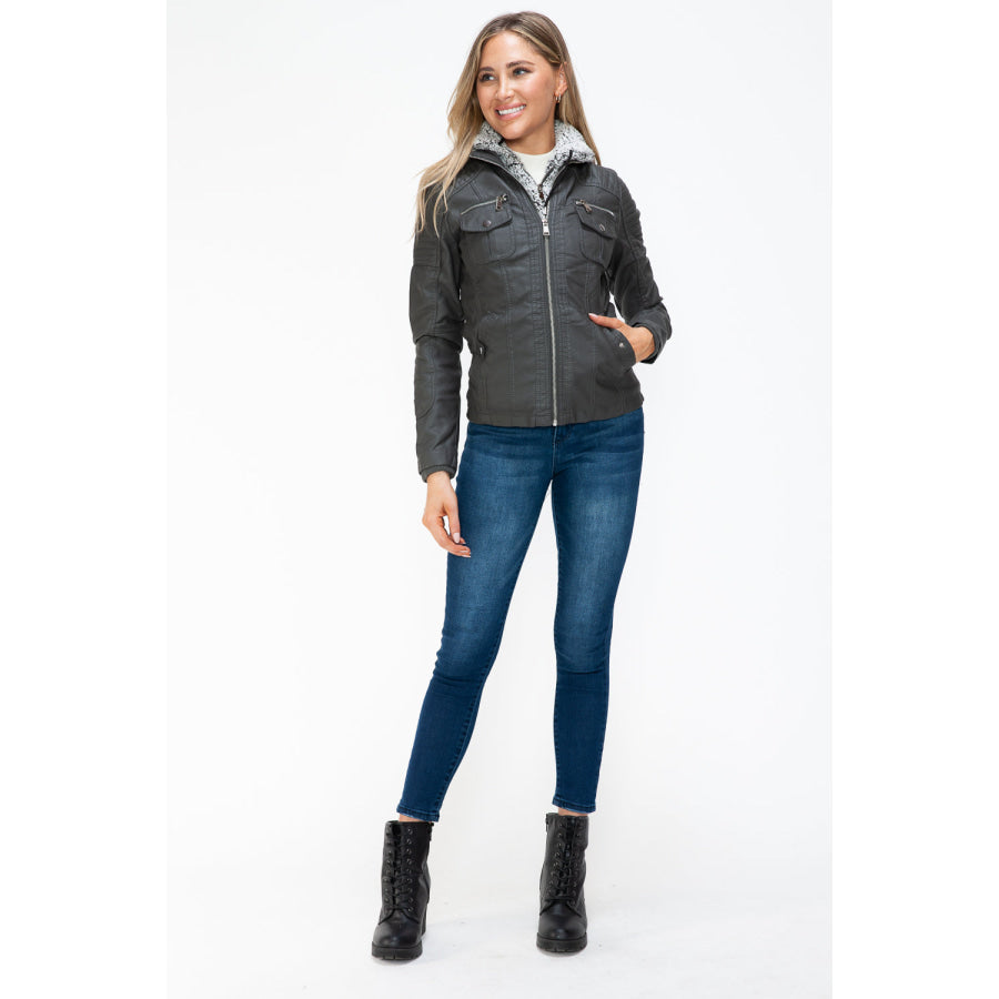 YMI Removable Faux Layered Multi-Pocket Jacket with Fuzzy Hood Apparel and Accessories