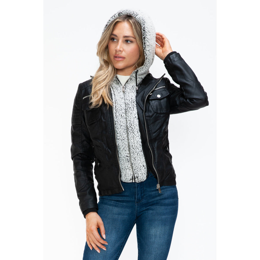 YMI Removable Faux Layered Multi-Pocket Jacket with Fuzzy Hood Apparel and Accessories