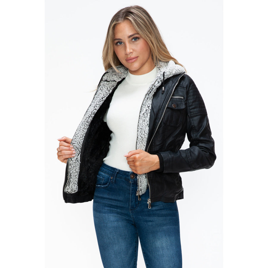 YMI Removable Faux Layered Multi-Pocket Jacket with Fuzzy Hood Apparel and Accessories