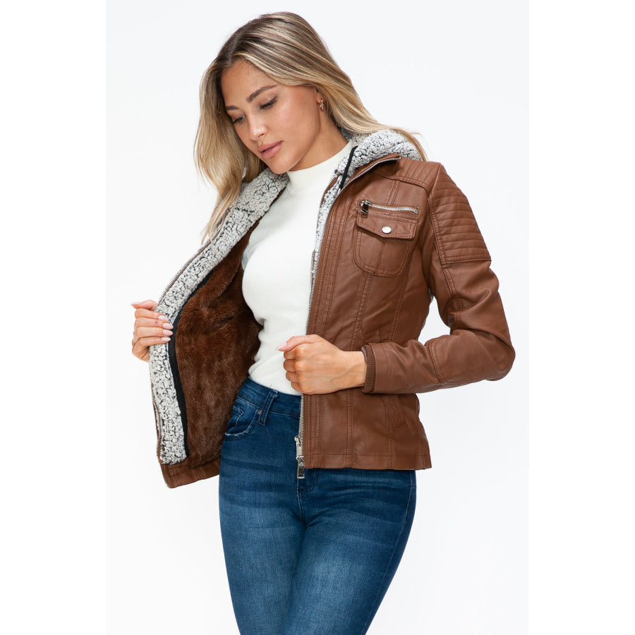 YMI Removable Faux Layered Multi-Pocket Jacket with Fuzzy Hood Apparel and Accessories