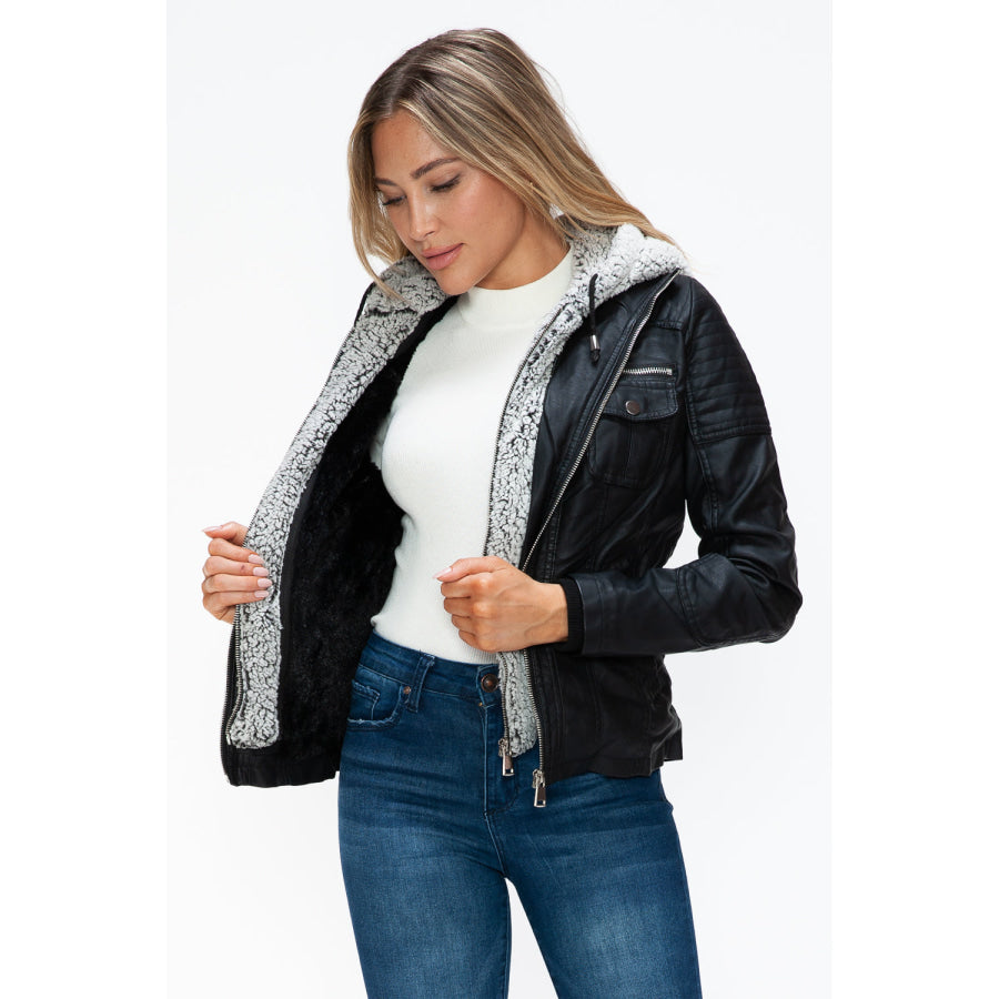 YMI Removable Faux Layered Multi-Pocket Jacket with Fuzzy Hood Apparel and Accessories