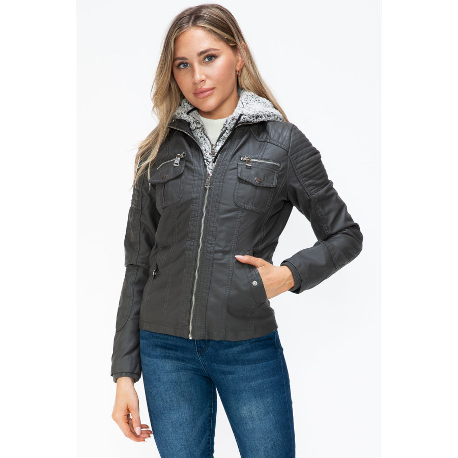 YMI Removable Faux Layered Multi-Pocket Jacket with Fuzzy Hood Apparel and Accessories