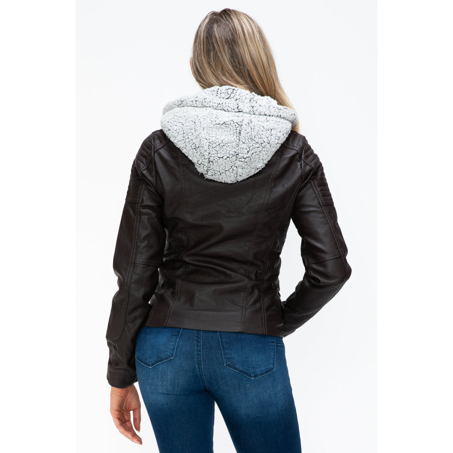 YMI Removable Faux Layered Multi-Pocket Jacket with Fuzzy Hood Apparel and Accessories