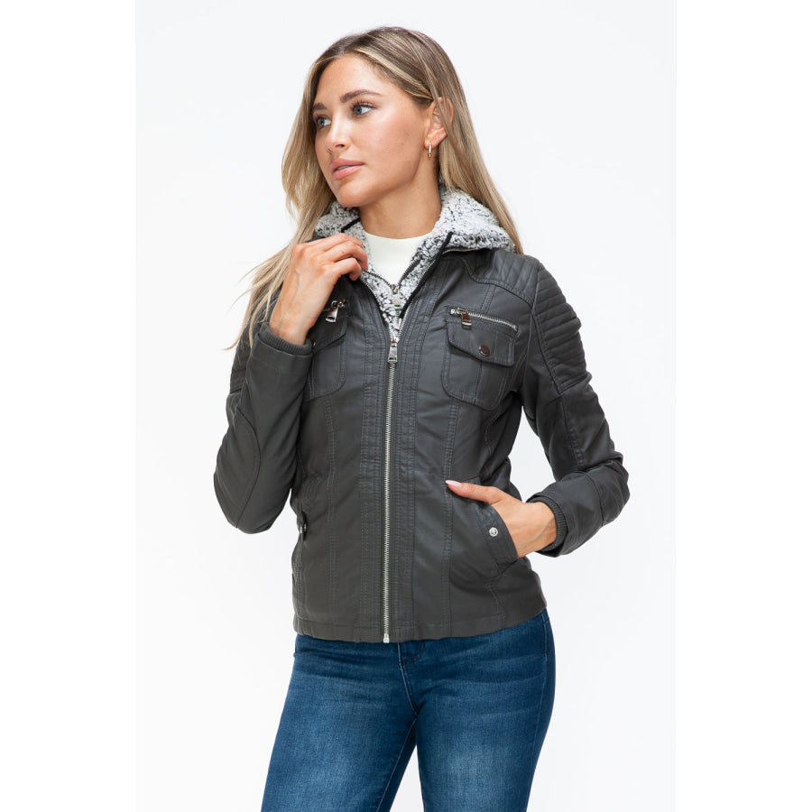 YMI Removable Faux Layered Multi-Pocket Jacket with Fuzzy Hood Apparel and Accessories