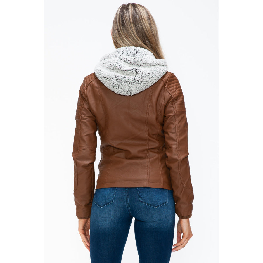 YMI Removable Faux Layered Multi-Pocket Jacket with Fuzzy Hood Apparel and Accessories